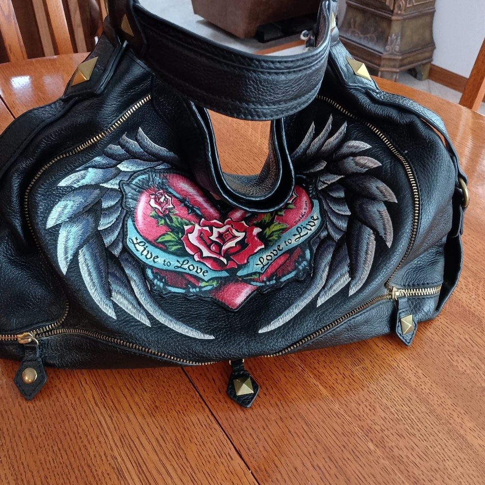ISABELLA FIORE JENI 2007 TATTOO SHOULDER BAG HANDBAG LIVE TO LOVE BLACK - Picture 2 of 9